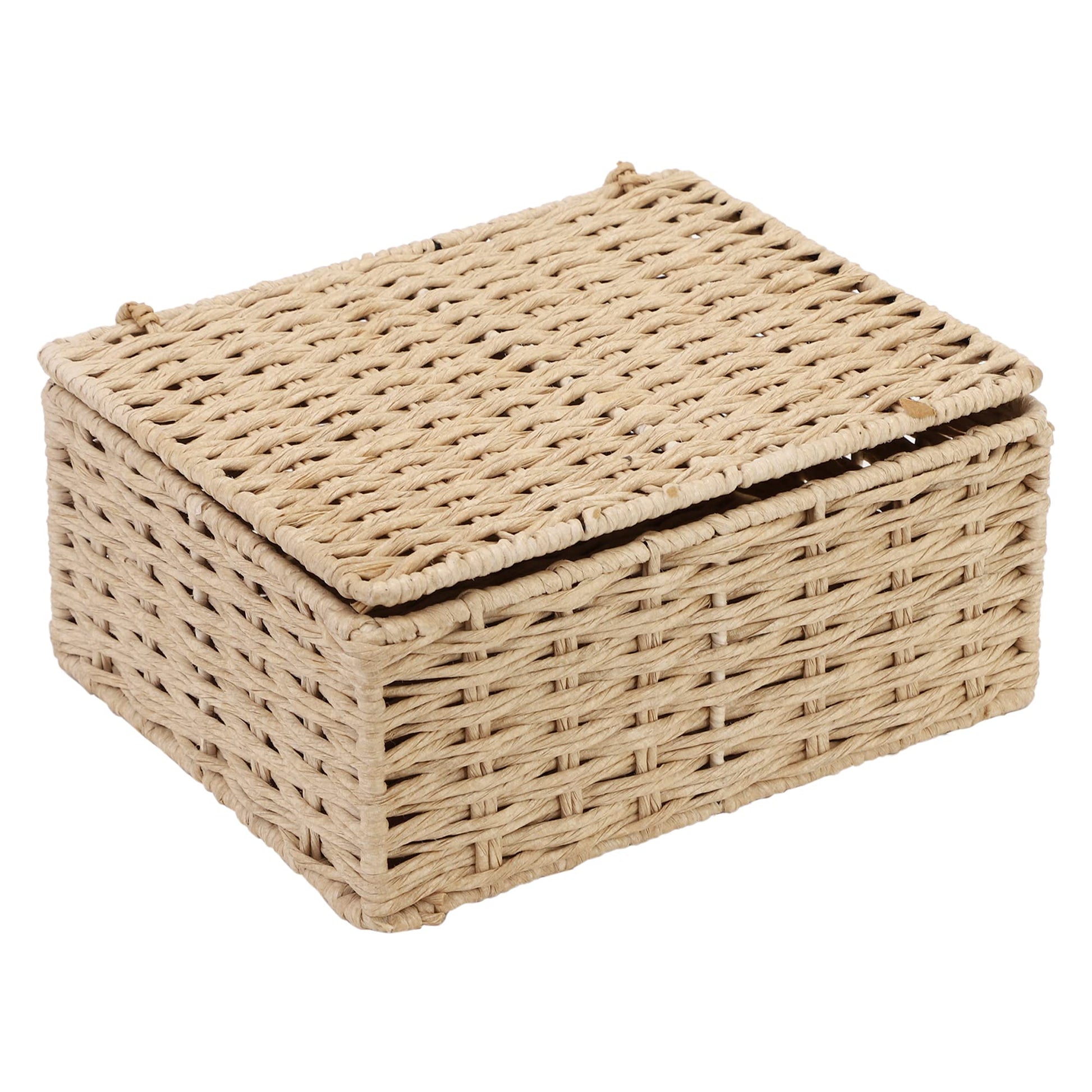 AKWAY wicker water hyacinth kauna grass bamboo cane Storage Basket with Lids Rectangular Handwoven Wicker Organizer Baskets Desktop Storage Box Rattan Container Desk Basket (8.5L X 6W X 3.5H inch)- Akway