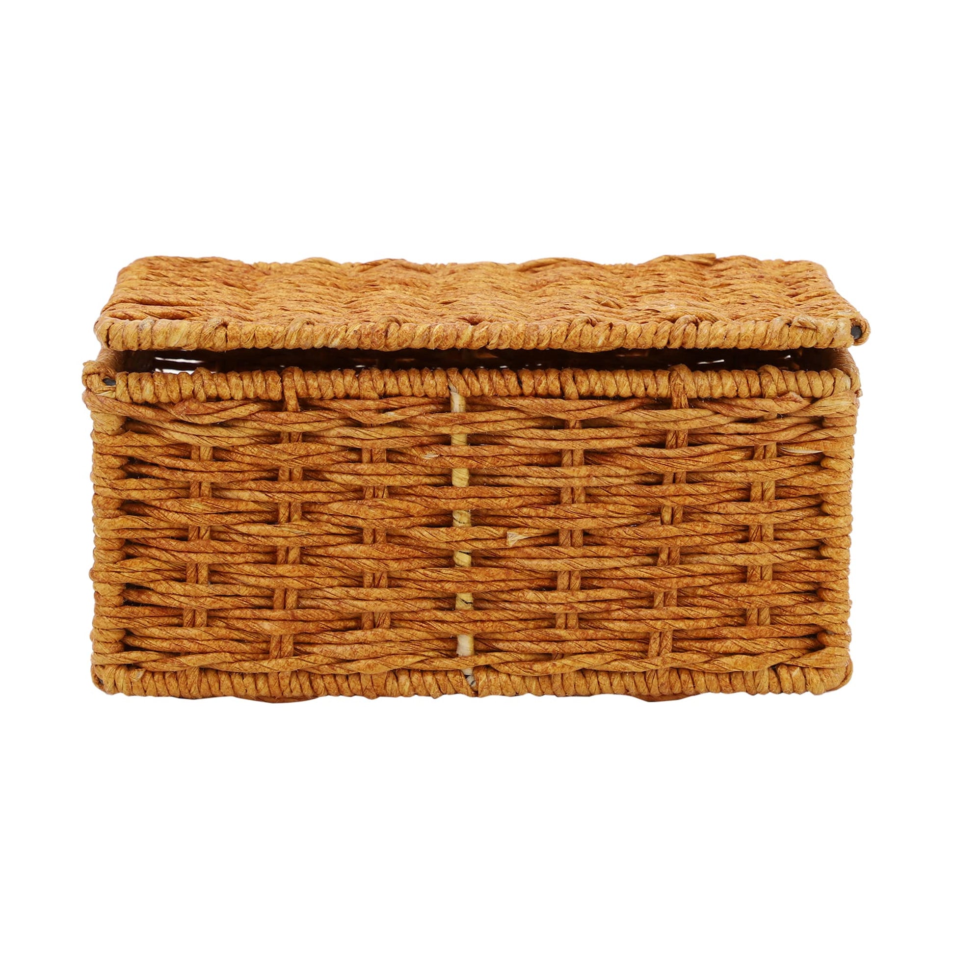 AKWAY wicker water hyacinth kauna grass bamboo cane Storage Basket with Lids Rectangular Handwoven Wicker Organizer Baskets Desktop Storage Box Rattan Container Desk Basket(Brown)(8.5"L X 6"W X 3.5"H)- Akway