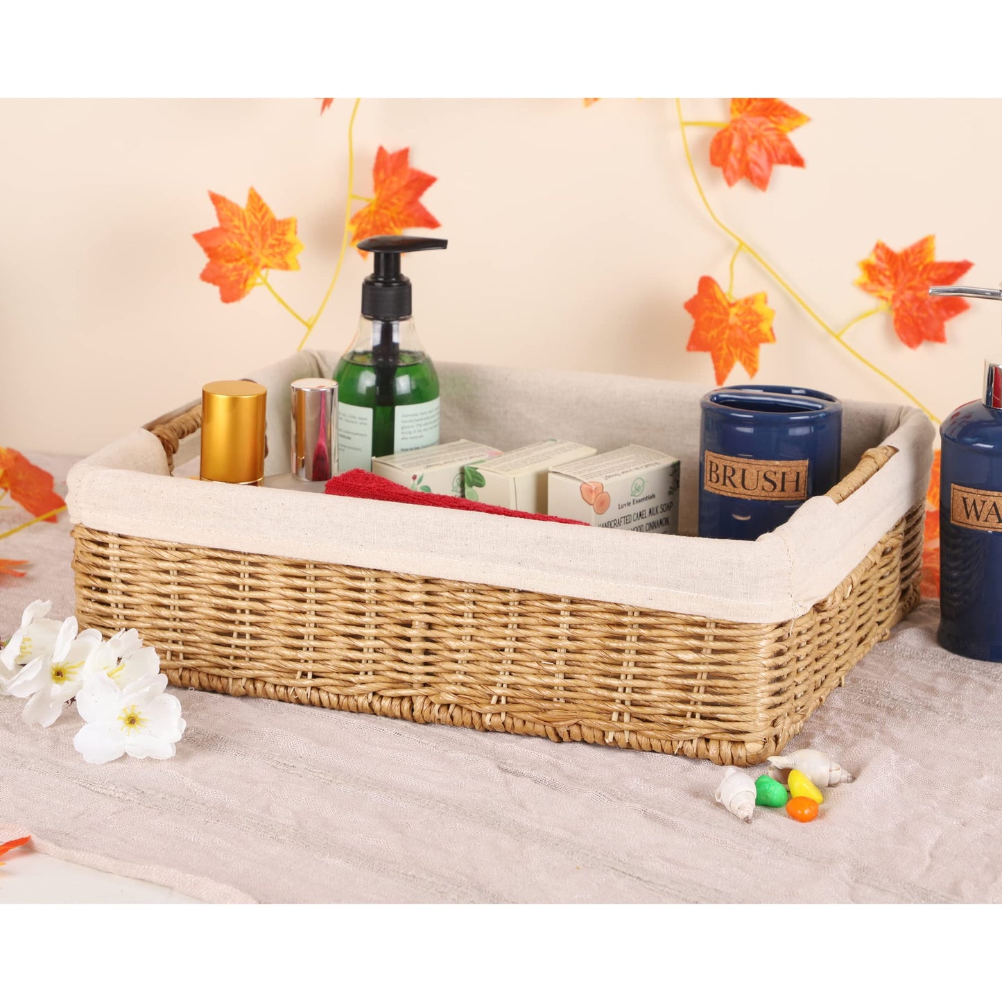AKWAY wicker seagrass kauna grass water hyacinth rattan cane storage basket - (Beige) (14" L x 10"W x 4" H,Pack of 1) - Akway