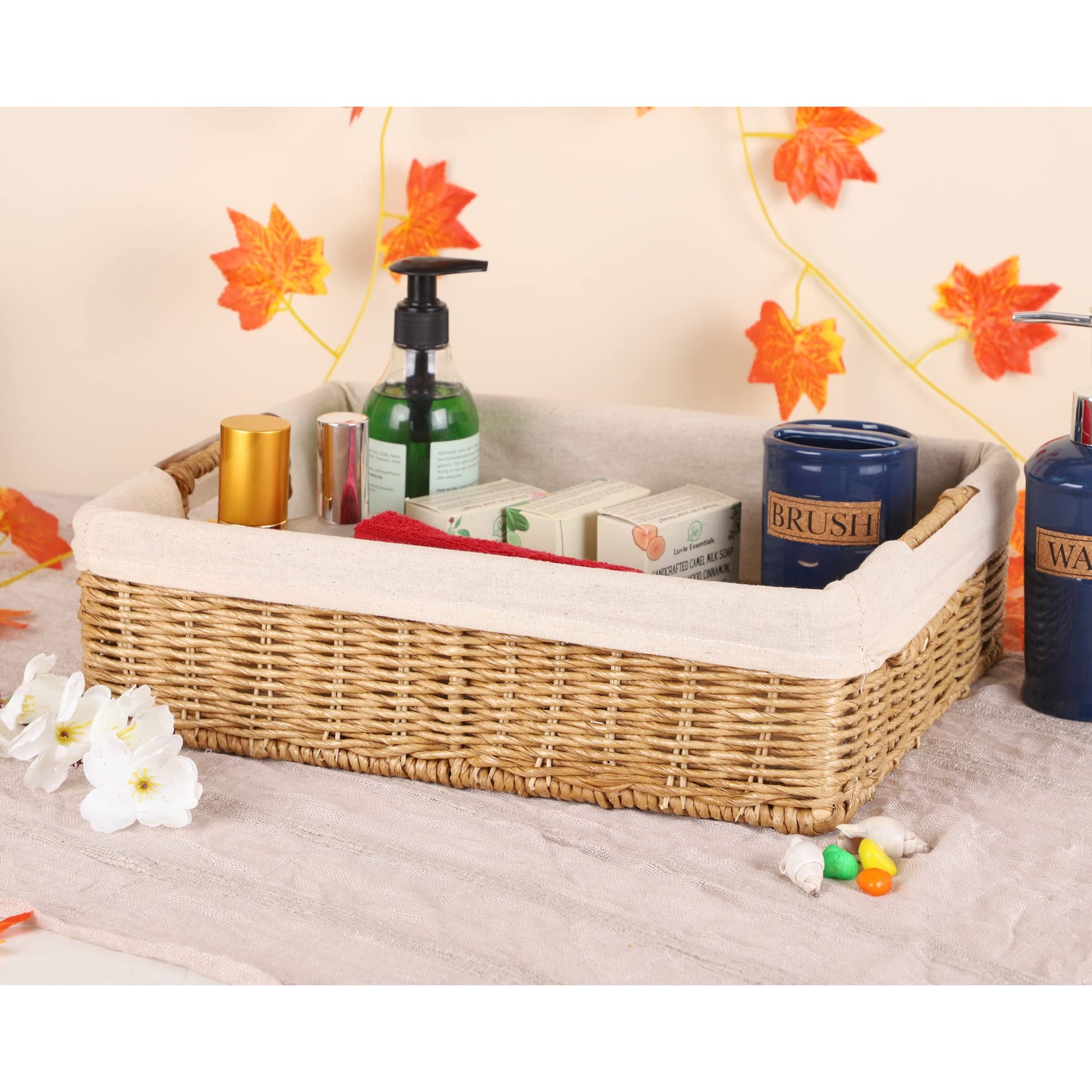 AKWAY wicker seagrass kauna grass water hyacinth rattan cane storage basket - (Beige) (14" L x 10"W x 4" H,Pack of 1) - Akway