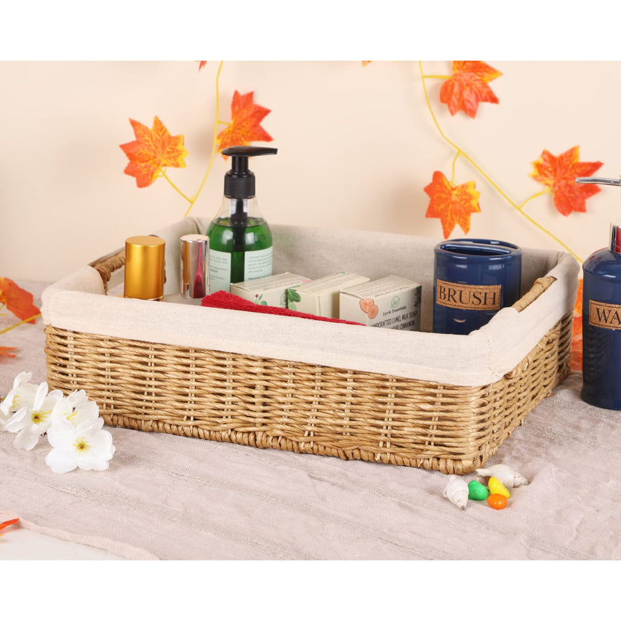 AKWAY wicker seagrass kauna grass water hyacinth rattan cane storage basket - (Beige) (14" L x 10"W x 4" H,Pack of 1) - Akway