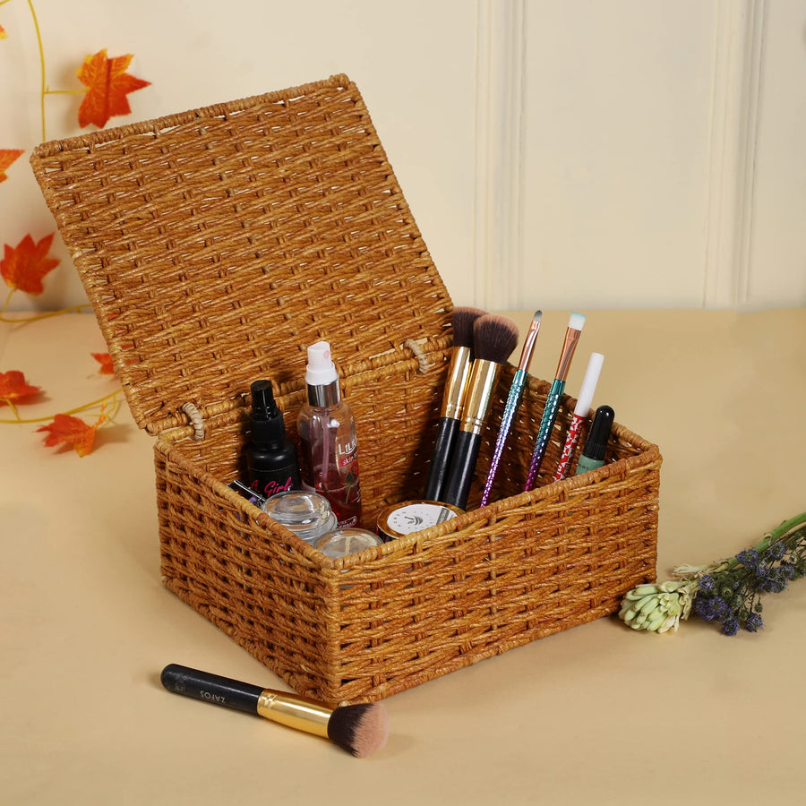 AKWAY wicker water hyacinth kauna grass bamboo cane Storage Basket with Lids Rectangular Handwoven Wicker Organizer Baskets Desktop Storage Box Rattan Container Desk Basket Bins(Brown)(SET OF 3) - Akway