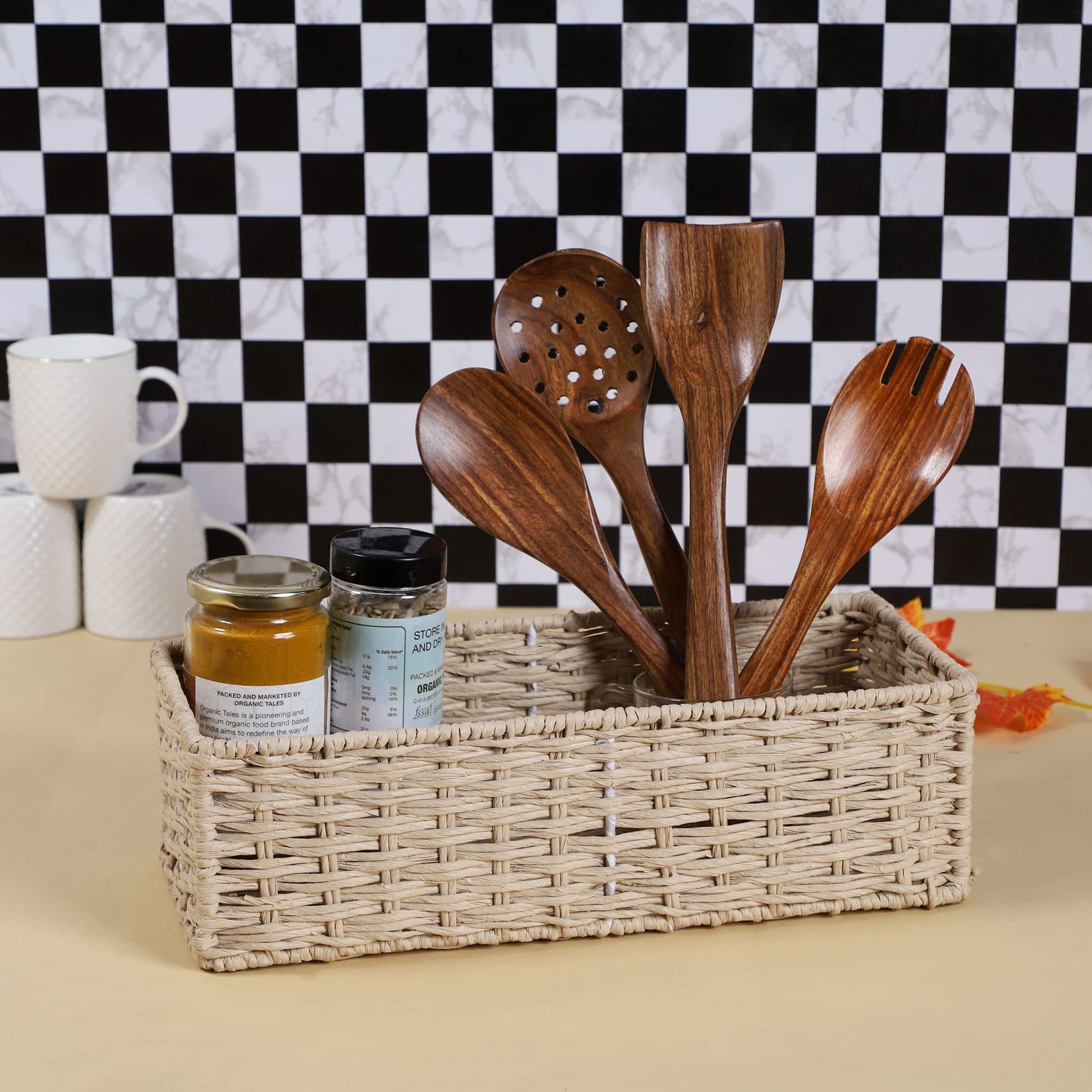 AKWAY Natural Wicker Seagrass kauna Grass Bamboo Cane Rattan Basket Bathroom Vanity Tray, Wicker Kitchen Counter top Storage