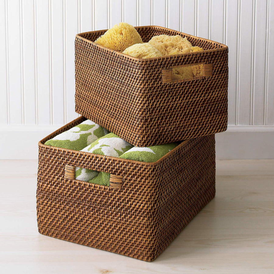 AKWAY Handmade Bamboo Wicker Basket Organizer for Cloth, Storage Basket (Beige, 14" x 11" x 8") Rattan,Pack of 1 - Akway Kitc