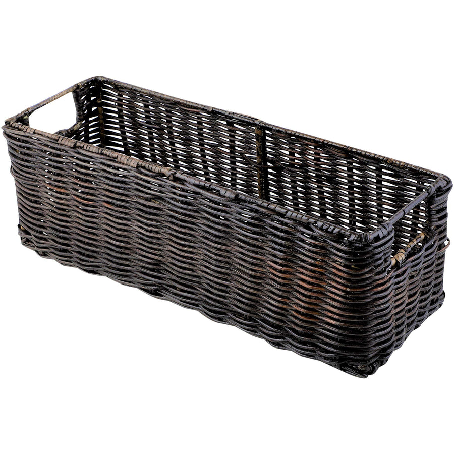 AKWAY Wicker Bathroom Vanity Tray for Toilet Paper and Soap, Kitchen Counter Top Storage Shelf Coffee Table Decorative Tray Cosmetic Organizer Display Holder (11 L x 4.5 W x 4.5 H, Antique Black) - Akway