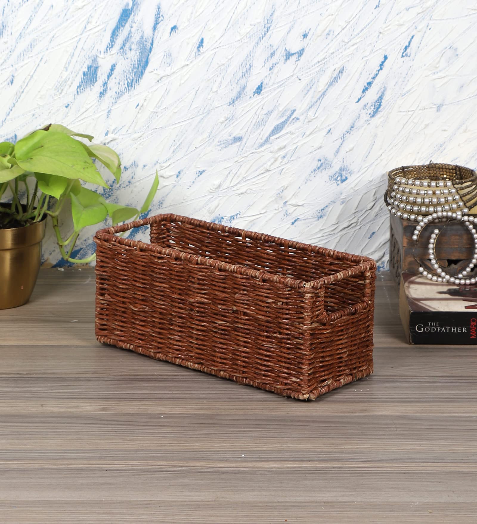 AKWAY Handmade Wicker Basket Bathroom Vanity Tray, Wicker Kitchen Counter top Storage Shelf Coffee Table Decorative Tray Cosm