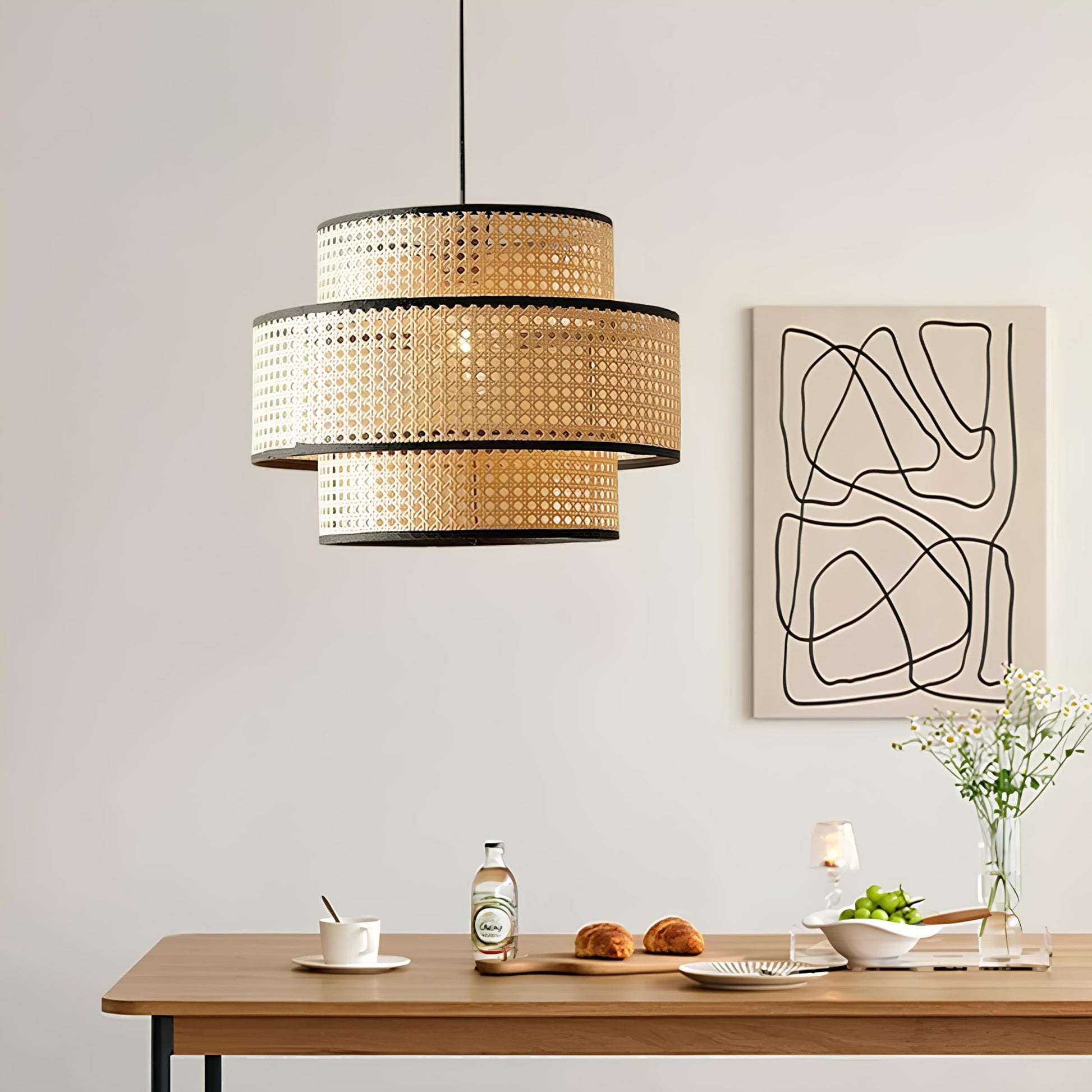 AKWAY Wicker Rattan Hanging lamp Cane Webbing Bamboo Seagrass Premium Ceiling Light (Three Part) - Akway