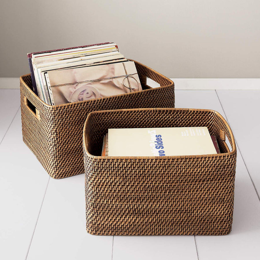 AKWAY Handmade Bamboo Wicker Basket Organizer for Cloth, Storage Basket (Beige, 14" x 11" x 8") Rattan,Pack of 1 - Akway Kitc