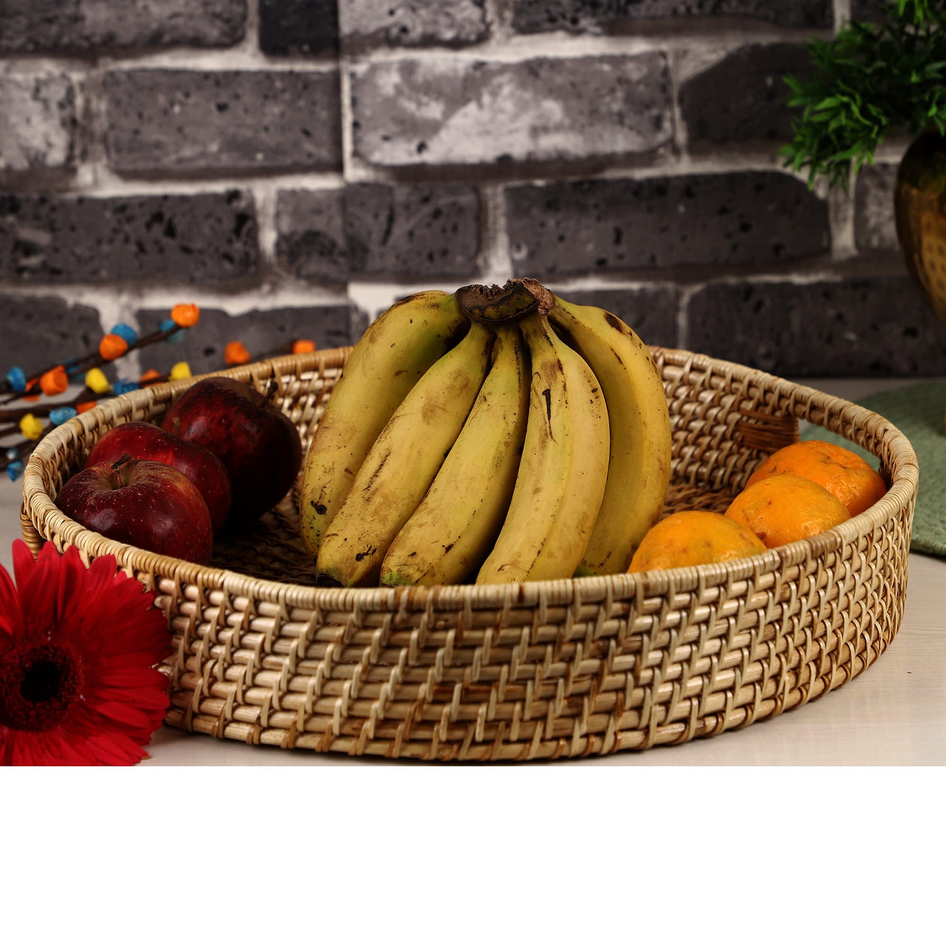 AKWAY Round Wicker Basket | Round Tray Wooden Serving Tray for Home | Serving Tray for Party Guests | Round Platter with Hand