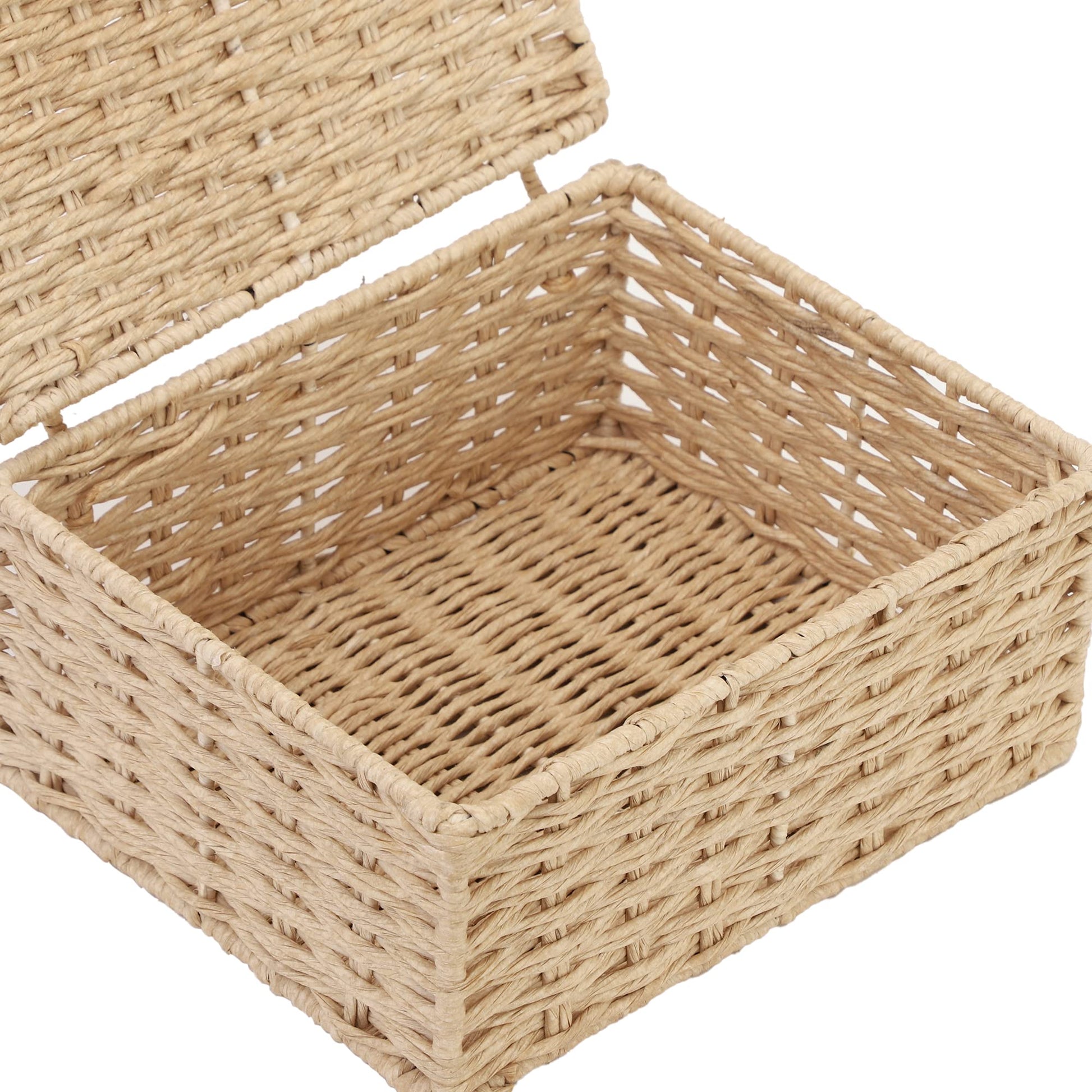AKWAY wicker water hyacinth kauna grass bamboo cane Storage Basket with Lids Rectangular Handwoven Wicker Organizer Baskets Desktop Storage Box Rattan Container Desk Basket (8.5L X 6W X 3.5H inch)- Akway