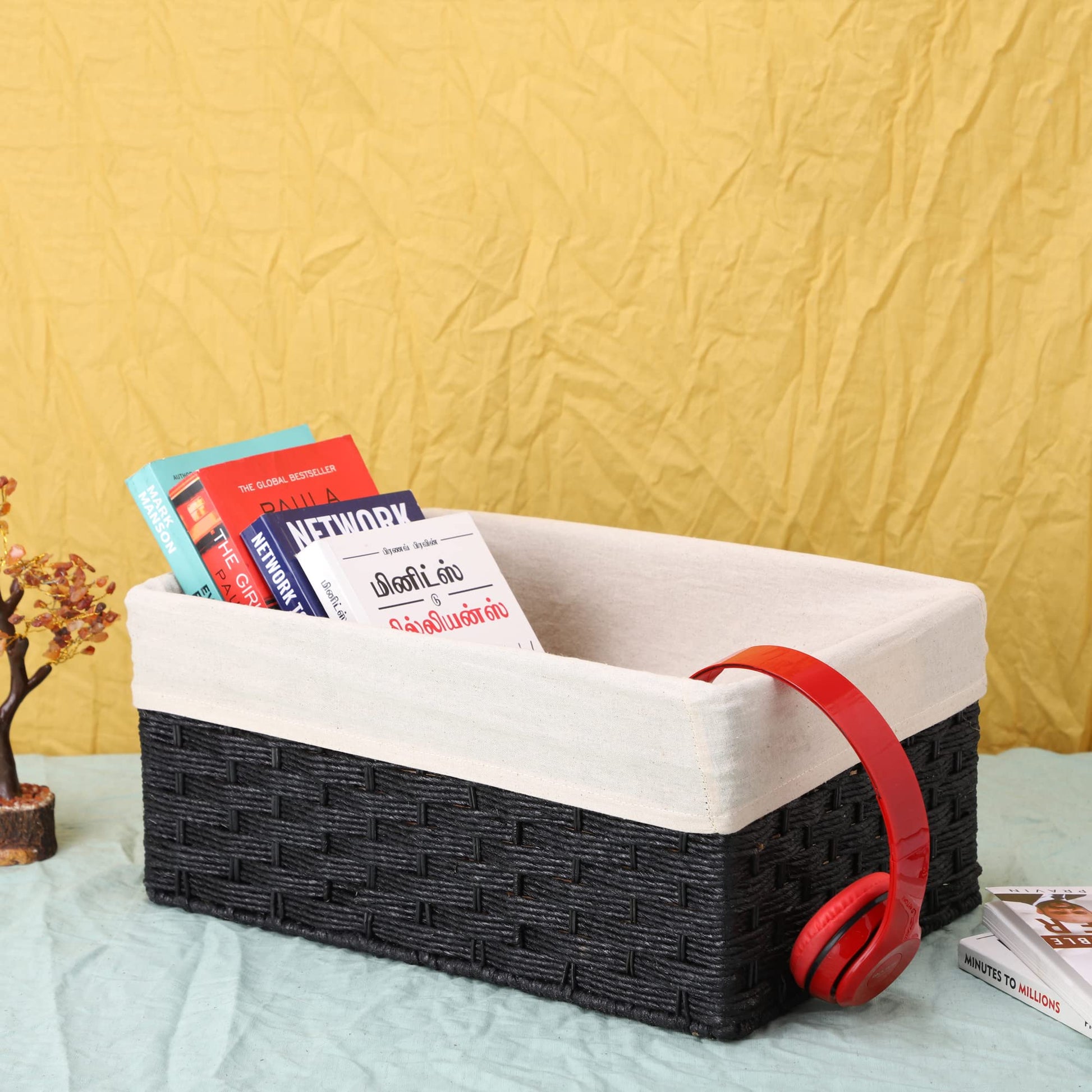 AKWAY Handcrafted Rectangular Bamboo Wicker Basket Organizer (Antique Black, 15 x 10 x 7,Rattan,Pack of 1) - Akway Home Impro