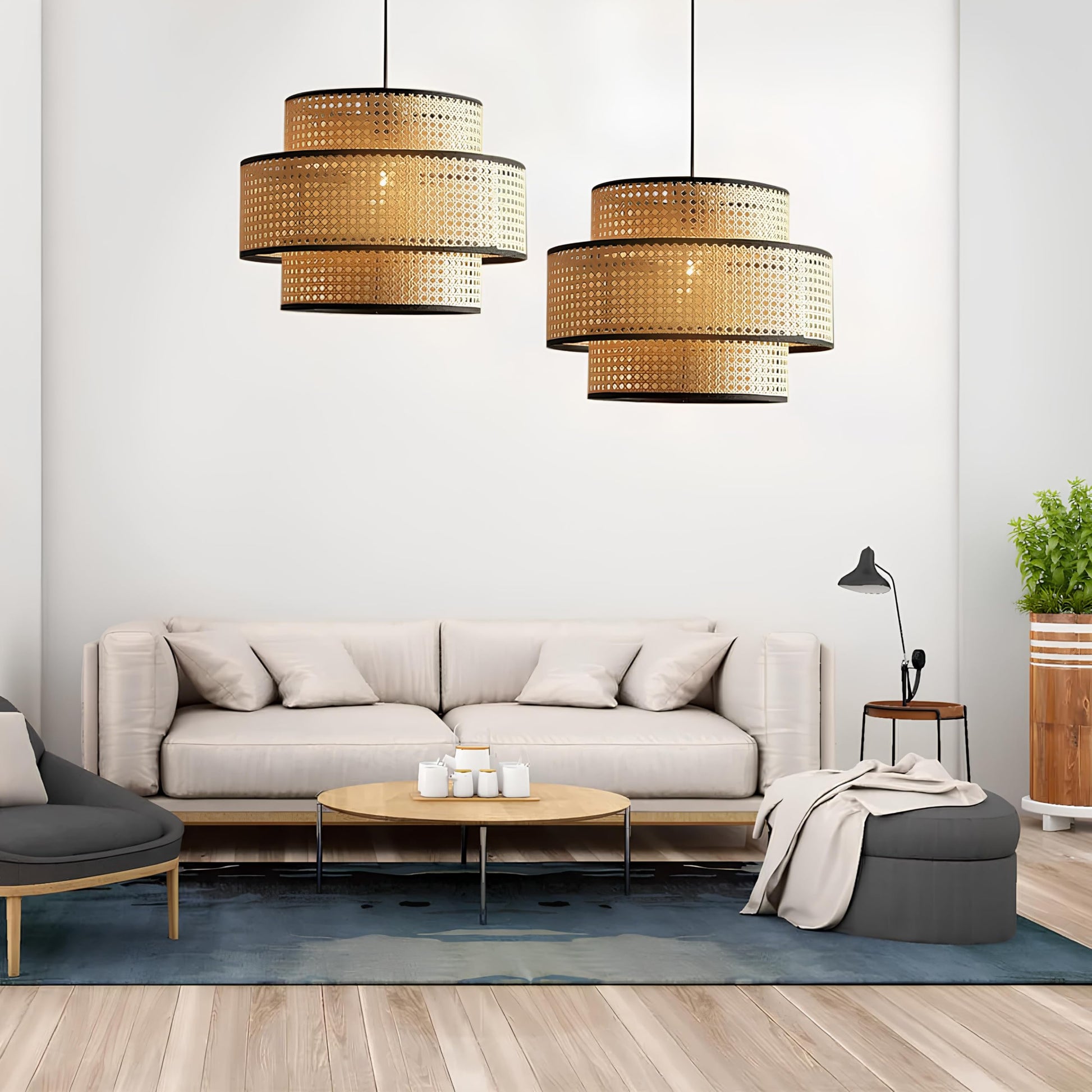 AKWAY Wicker Rattan Hanging lamp Cane Webbing Bamboo Seagrass Premium Ceiling Light (Three Part) - Akway