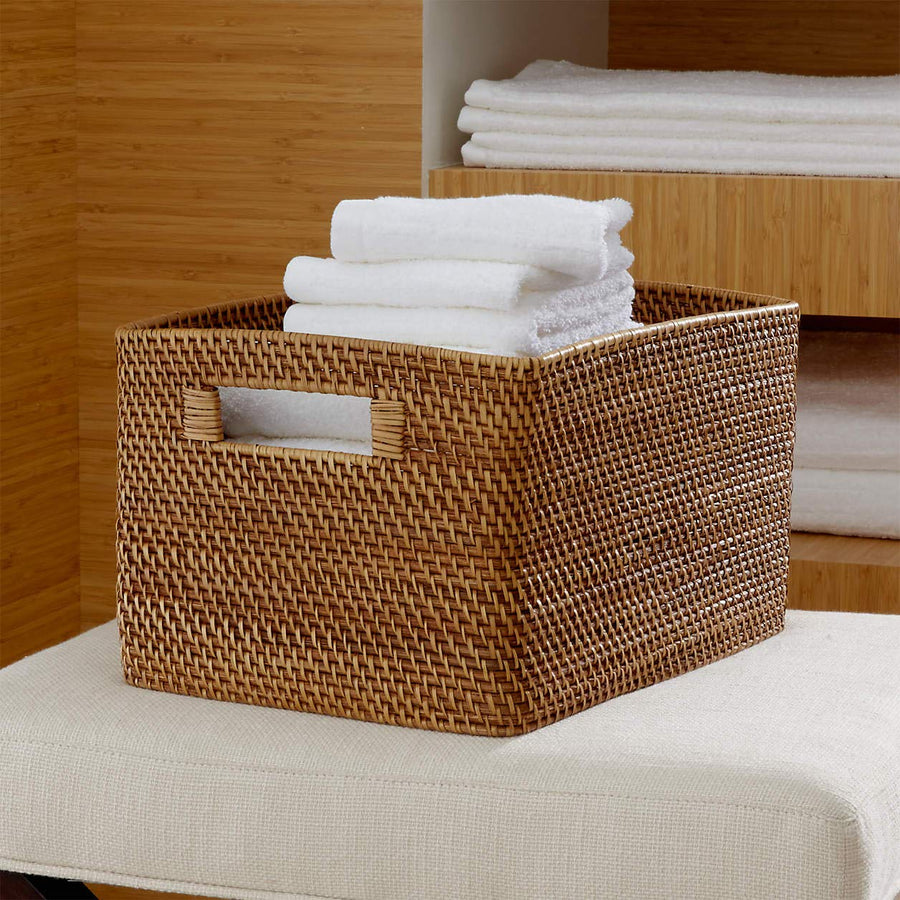 AKWAY Handmade Bamboo Wicker Basket Organizer for Cloth, Storage Basket (Beige, 14" x 11" x 8") Rattan,Pack of 1 - Akway Kitc