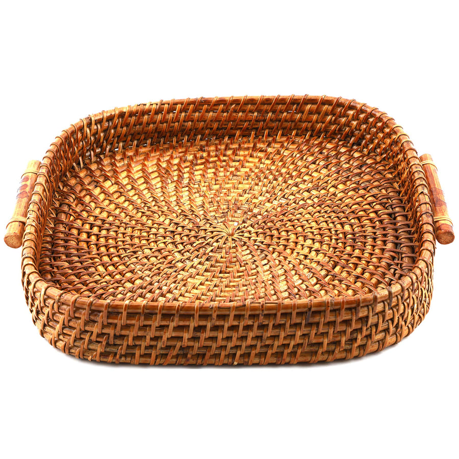 AKWAY Wicker Serving Tray Wooden Serving Tray for home | Dining table decorative trays | Serving tray for party guests | platter with handles Diwali or Deepawali Gifts | 10 x 10 x 2 (Beige) - Akway
