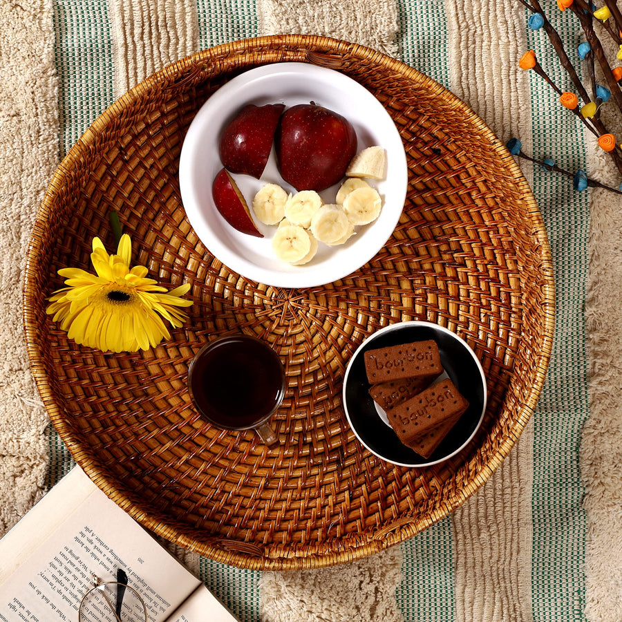 AKWAY Round Wicker Basket | Round Tray Wooden Serving Tray for Home | Serving Tray for Party Guests | Round Platter with Hand