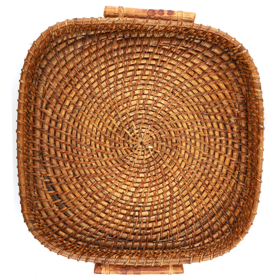 AKWAY Wicker Serving Tray Wooden Serving Tray for home | Dining table decorative trays | Serving tray for party guests | platter with handles Diwali or Deepawali Gifts | 10 x 10 x 2 (Beige) - Akway