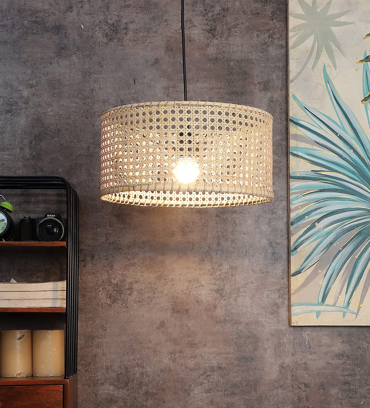 AKWAY Wicker Rattan Cane Webbing Bamboo Seagrass Premium Ceiling Light (12" Dia x 6" H) (Bulb not Included)-Corded Electric- Akway