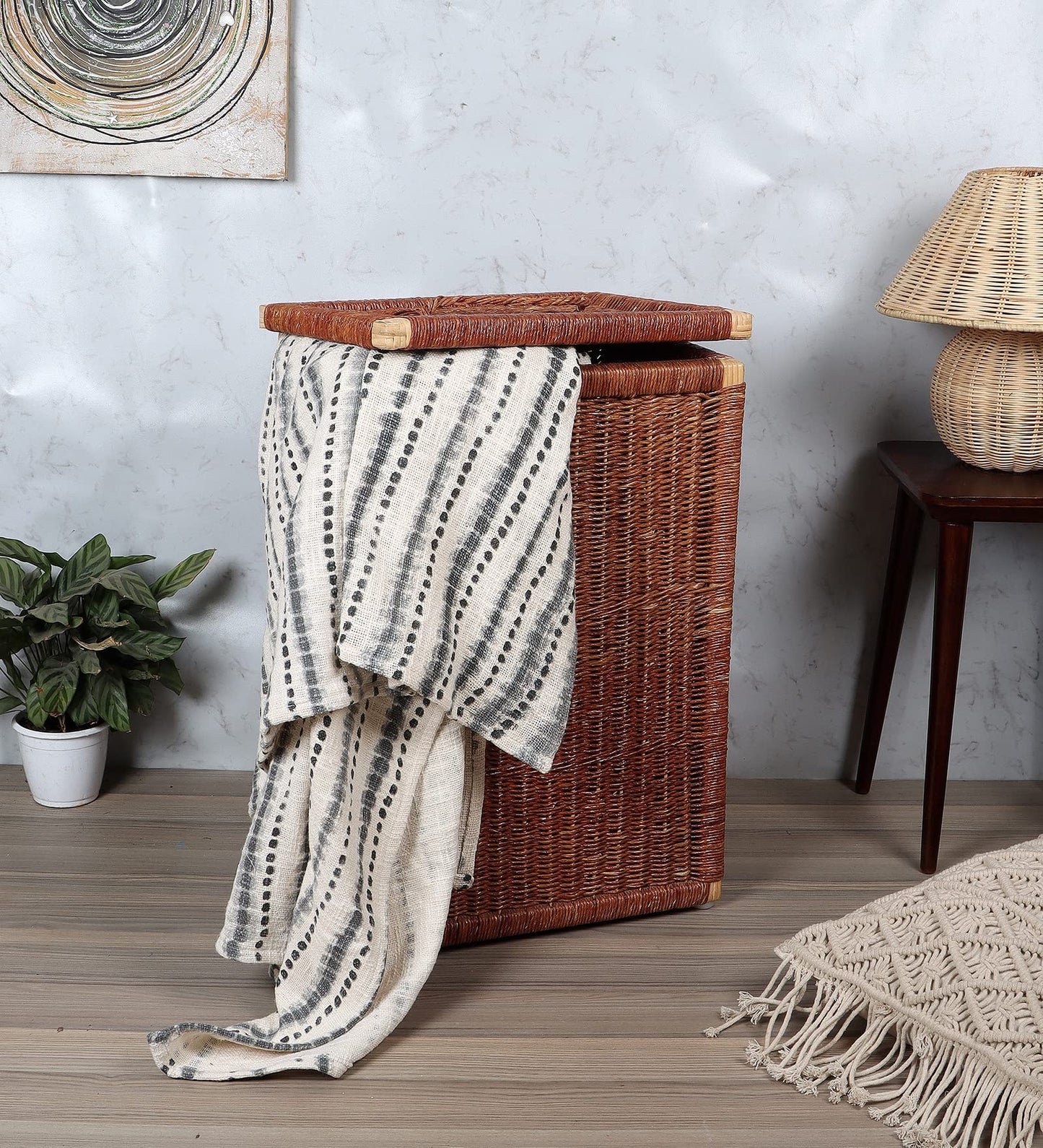 AKWAY wicker water hyacinth kauna grass bamboo cane Storage Basket with Lids | laundry hampers for bathroom wicker laundry ba