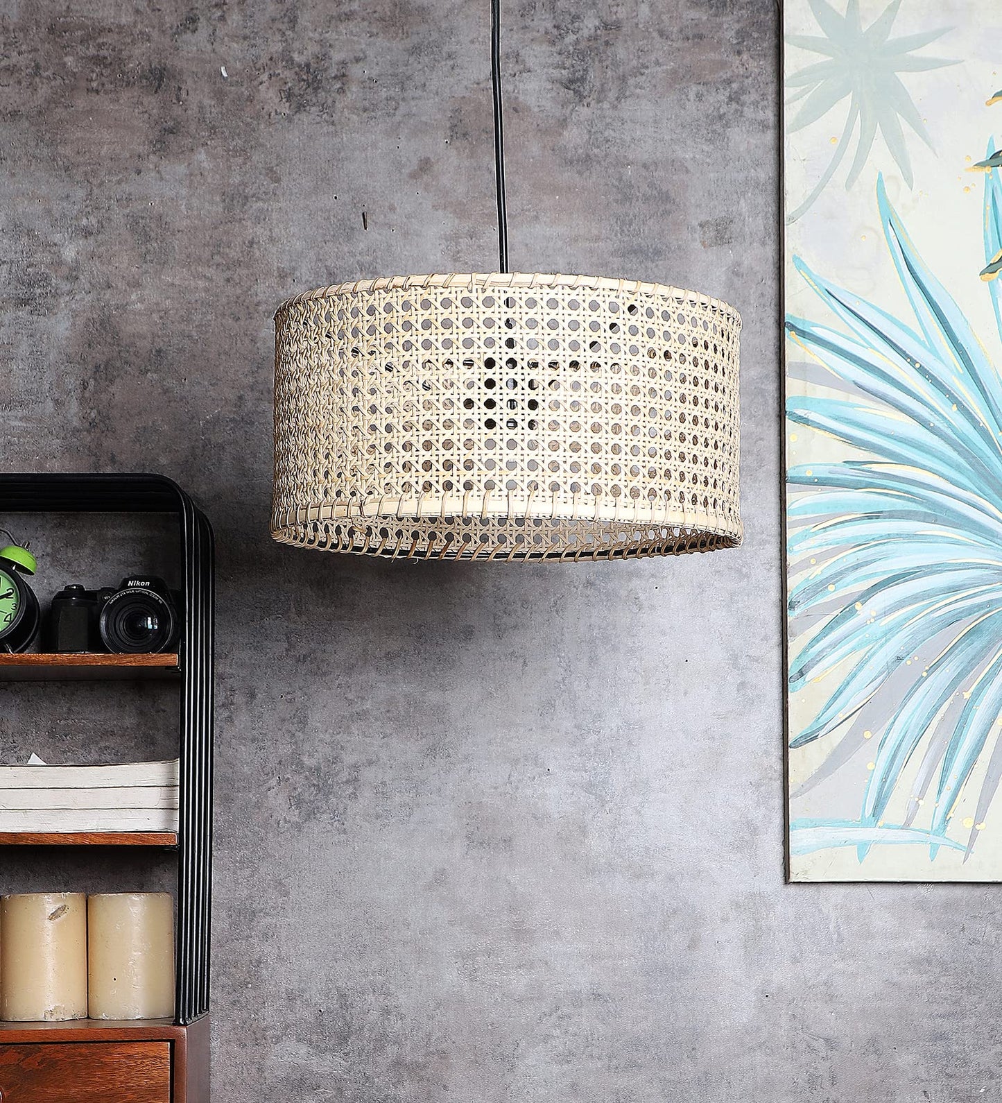 AKWAY Wicker Rattan Cane Webbing Bamboo Seagrass Premium Ceiling Light (12" Dia x 6" H) (Bulb not Included)-Corded Electric- Akway