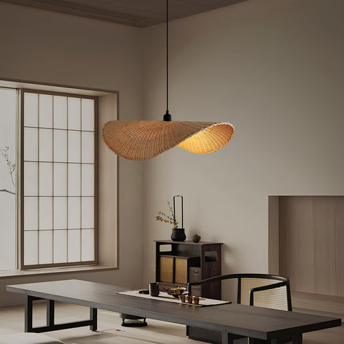 Japandi living room with rattan pendant light and neutral natural decor - Akway