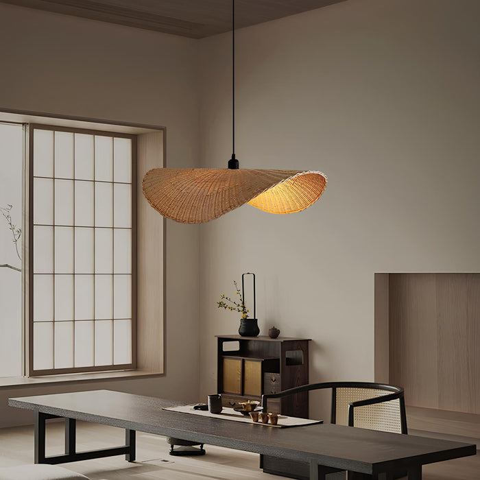 Japandi living room with rattan pendant light and neutral natural decor - Akway
