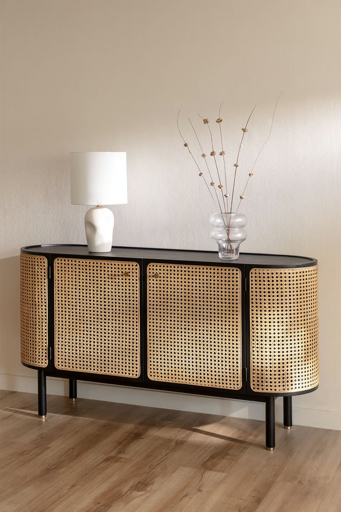 Handmade rattan and wood sideboard with cane doors styled in an Indian living room - Akway