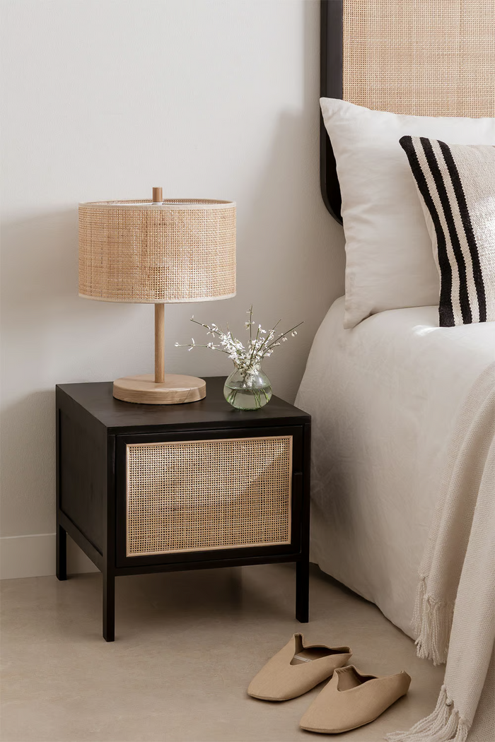 Rattan and cane bedside tables styled in an Indian bedroom - Akway