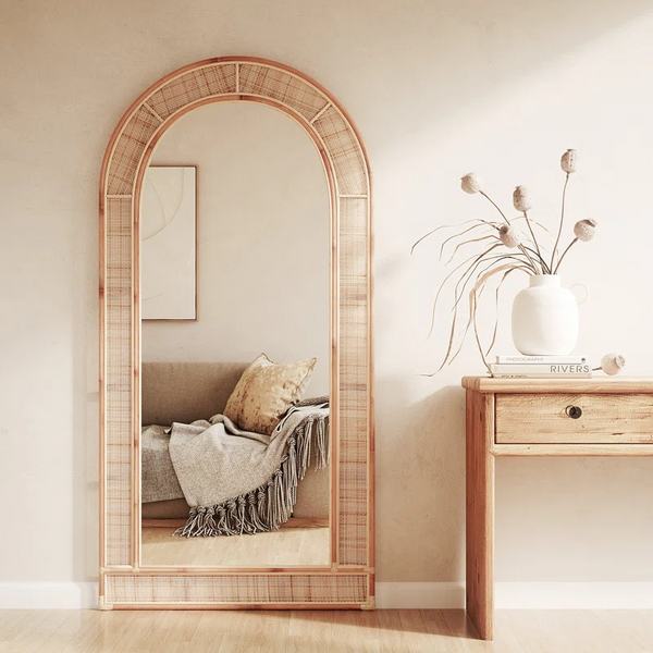 Handmade rattan floor mirror with stand for the bedroom - Akway