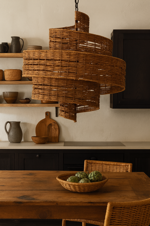 Rattan and bamboo chandelier over a dining table by Akway