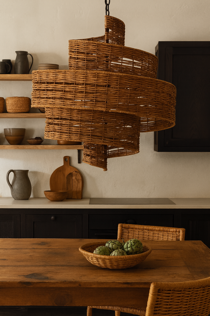 Warm rattan hanging light over a natural, eco-friendly Ganpati decoration setup