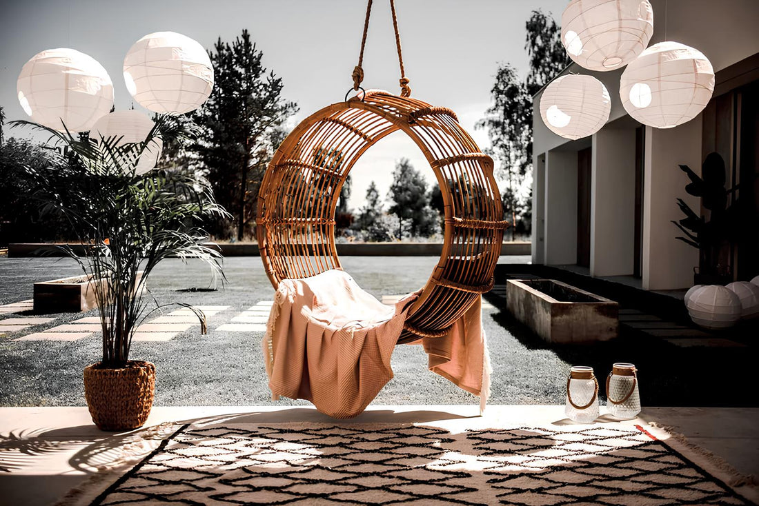 Cane swing chair hung safely from a balcony ceiling in an Indian home
