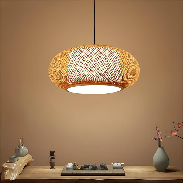 Warm rattan hanging lamp lighting a South Indian pooja corner at home