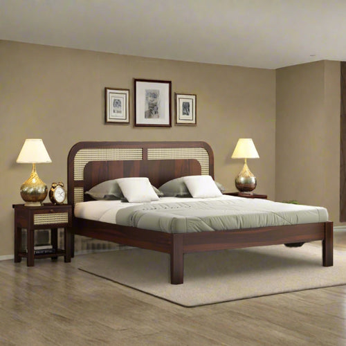 Rattan & Cane Wood Bed for Bedroom - Advika