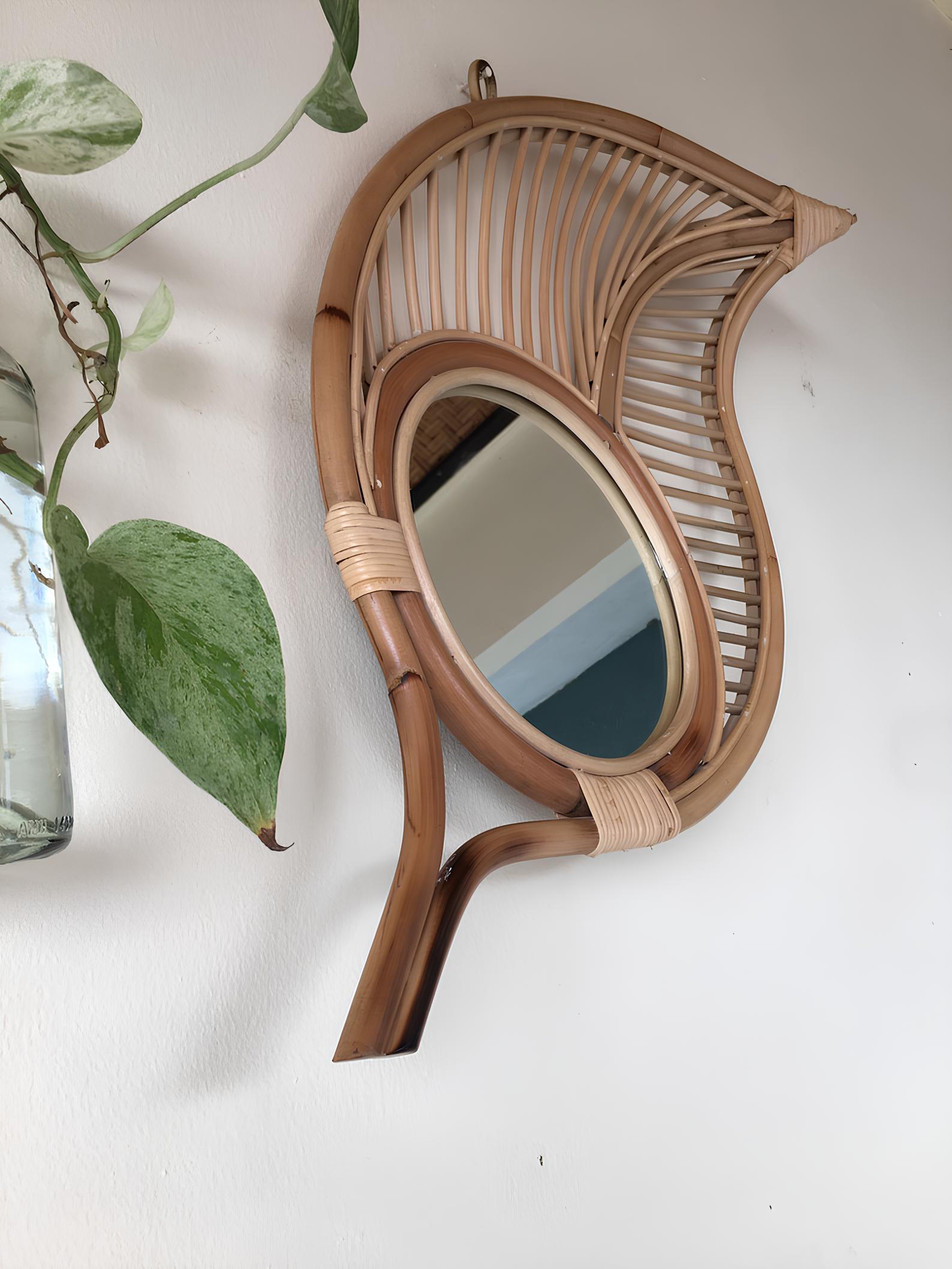 Bamboo Wall Mirror for living room | Cane Wall Mirror | Rattan Mirror - Kaia - Akway