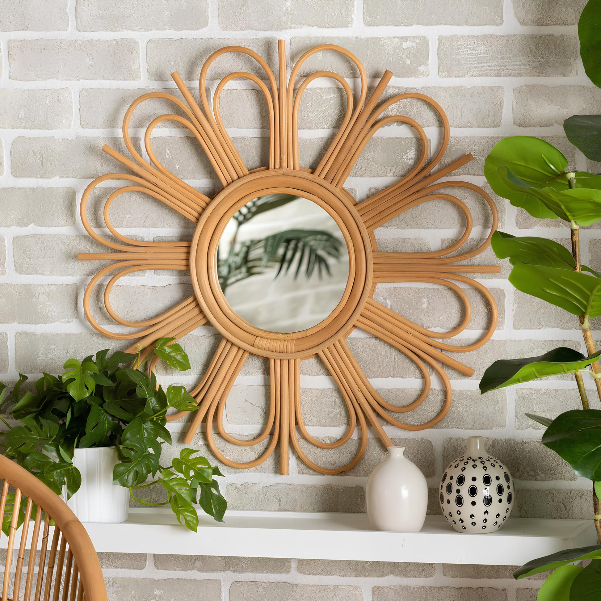 Bamboo Wall Mirror for living room | Cane Wall Mirror | Rattan Mirror - Kashvi - Akway