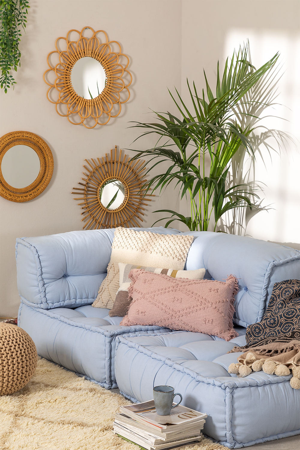Bamboo Wall Mirror for living room | Cane Wall Mirror | Rattan Mirror - Krisha - Akway