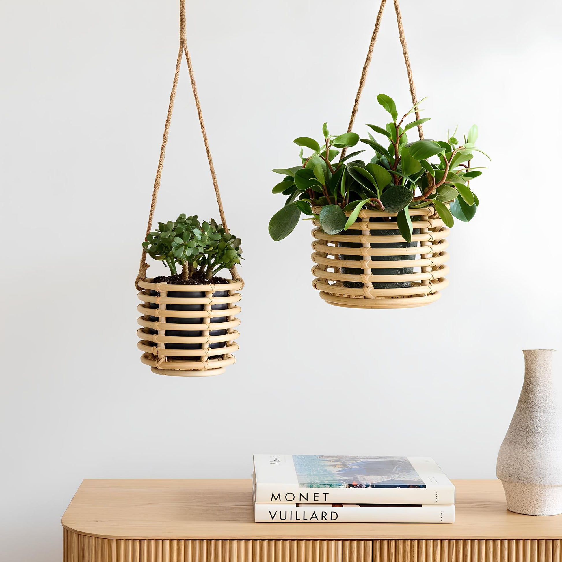 Rattan Hanging Plant Pots | Cane Hanging Flower Pots | Bamboo Hanging Planters Set of 2 - Asmee - Akway