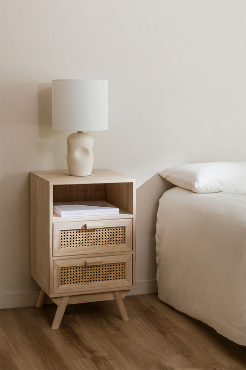 Rattan & Mango Wood Bedside Table with Drawers - Agnes