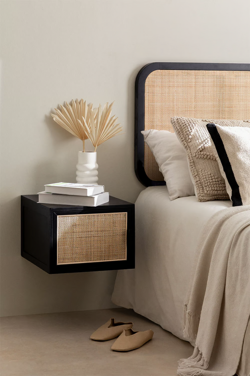 Rattan & Wood Wall-Mounted Bedside Table - Gemma