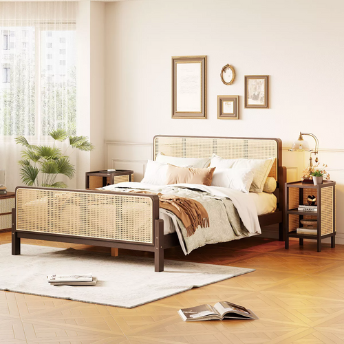 Rattan & Cane Wood Bed for Bedroom - Aanya