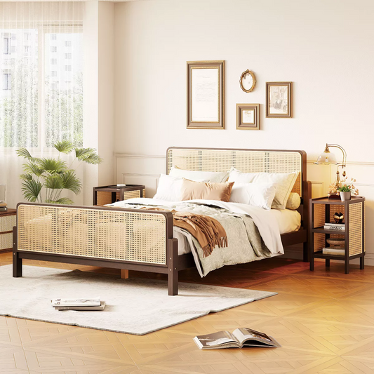 Solid Wood Rattan Bed For Bedroom | Cane Bed For Home - Aanya - Akway Bedroom > Beds & Bed Frames (Image 1)