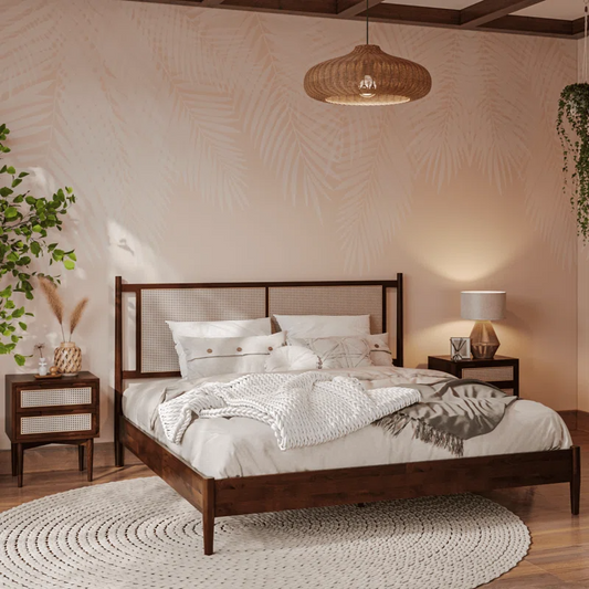 Solid Wood Rattan Bed For Bedroom | Cane Bed For Home -Amara - Akway Bedroom > Beds & Bed Frames (Image 1)