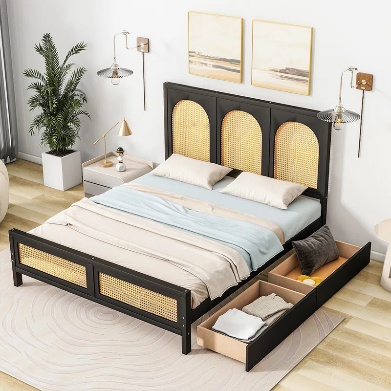 Solid Wood Rattan Bed For Bedroom | Cane Bed For Home -Nirav