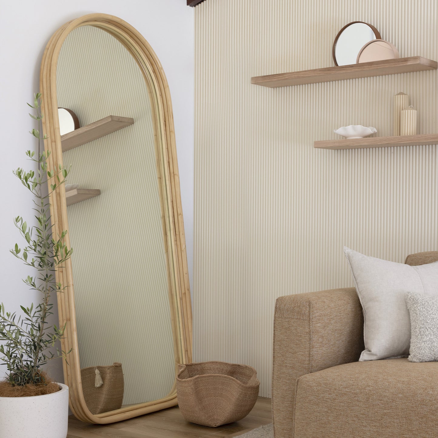 Bamboo Floor Mirror for living room | Cane Floor Mirror | Rattan Mirror - Anvay