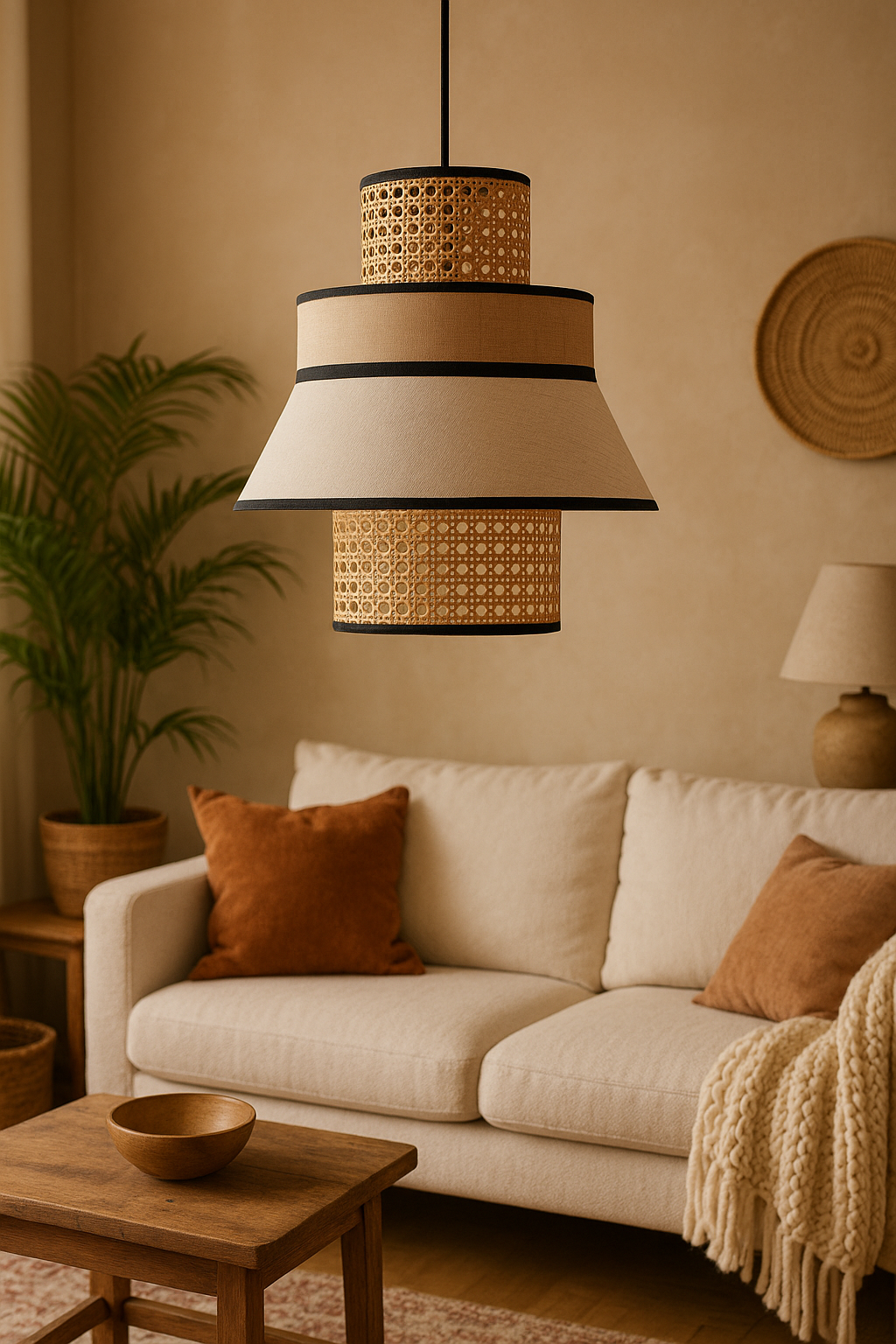 Rattan Hanging lamp for Living Room | Cane Pendant light | Wicker ceiling light - Adley 25cm Dia by Akway - Image 8