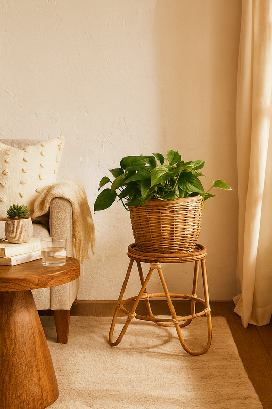Handcrafted Rattan Planter Stand with Ceramic Pot – Boho & Cozy Home Décor - REVARY - Image 1