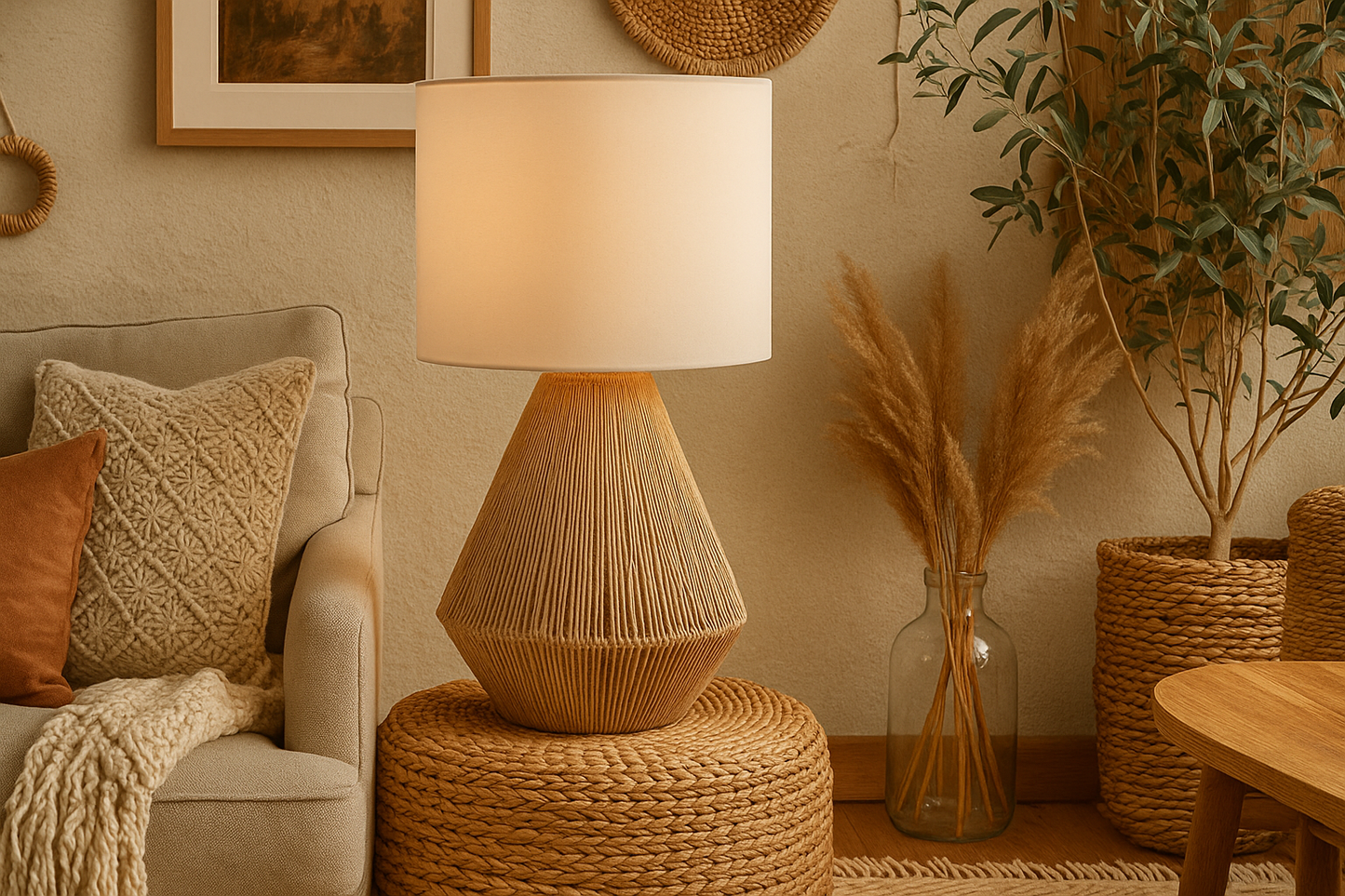 Rattan Table lamp for Living room | Bamboo Bedside table lamp | Cane Table lamp -Diva