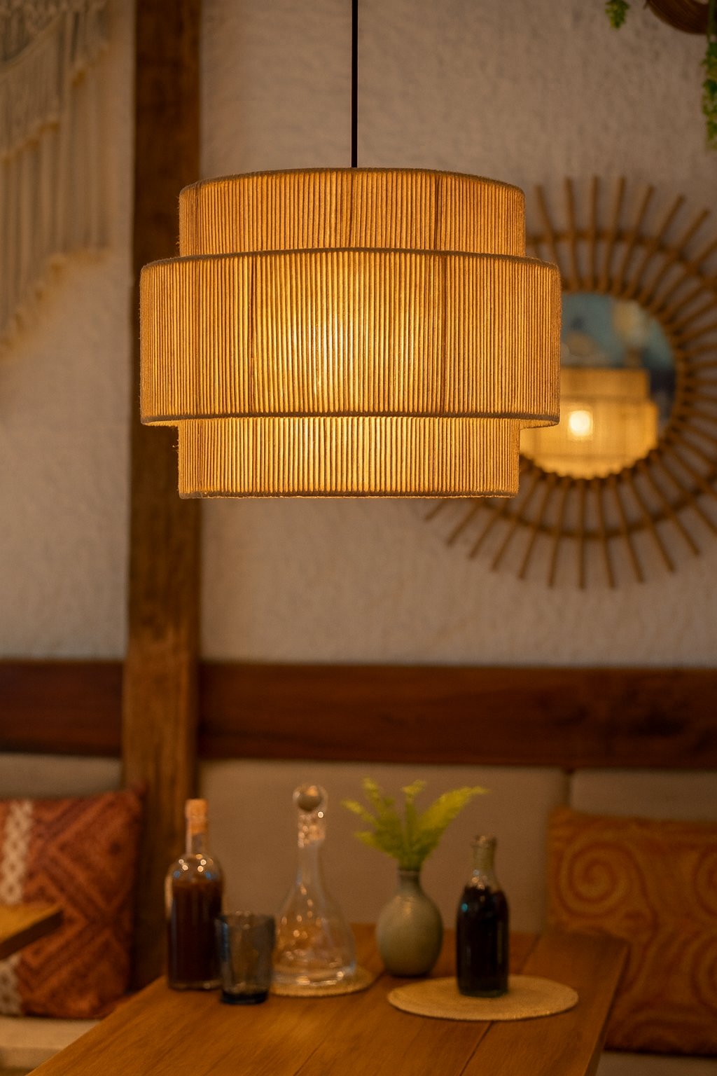 Bamboo Hanging lamp for Living Room | Rattan Pendant light | Cane ceiling light - Devesh 12" Dia x 10" H by Akway - Image 3