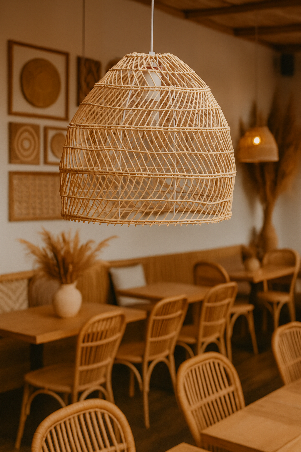 Bamboo Hanging lamp for Living Room | Rattan Pendant light | Cane ceiling light - Kevin 14" Dia x 14" H by Akway - Image 2