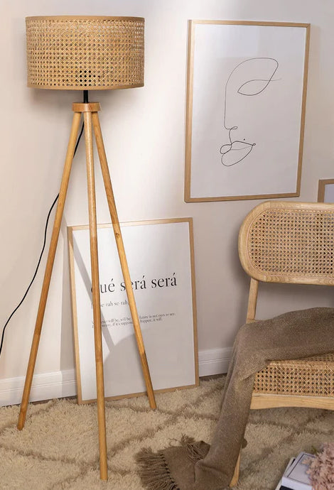 Rattan Webbing wooden Tripod Floor Lamp for Living Room | Cane webbing standing lamp for Bedroom - Harry Lewis
